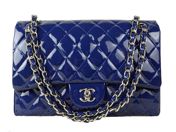 AAA Chanel Classic Flap Bag 1113 Blue Patent Leather Silver Hardware Knockoff
